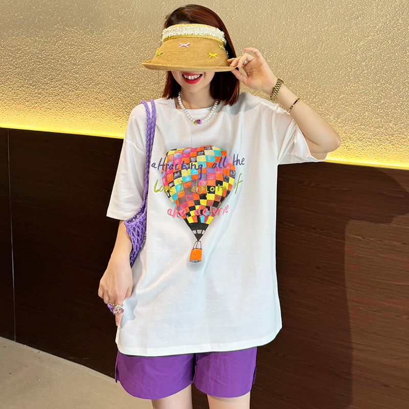 热气球印花白色短袖T恤女2024夏