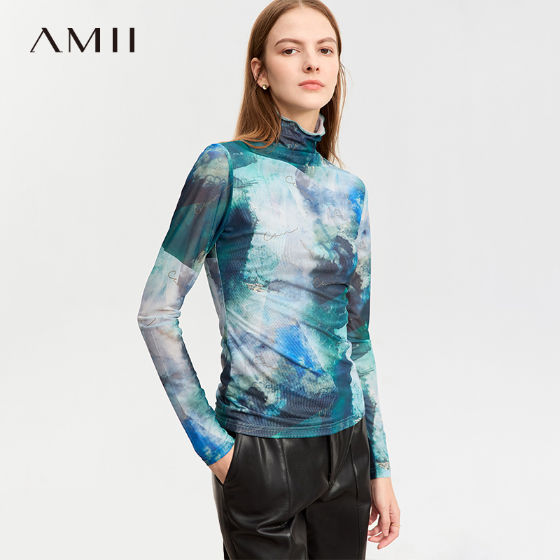 Amii中国风网纱T恤女2024秋季新款修身保暖打底衫半高领弹力上衣