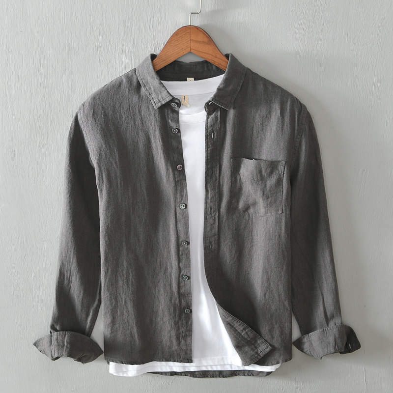 薄款透气衬衣男装新品休闲纯亚麻长袖衬衫宽松棉麻料时尚上衣男