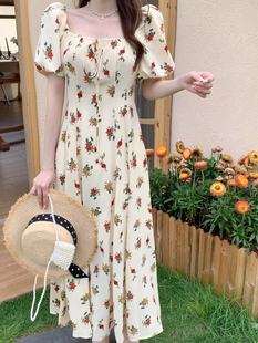 韩国ulzzang夏季新款法式气质时尚方领系带高腰显瘦碎花连衣裙女