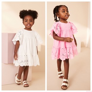 英国NEXT童装 24夏女童女宝宝浅粉色花朵刺绣娃娃装连衣裙 洋装
