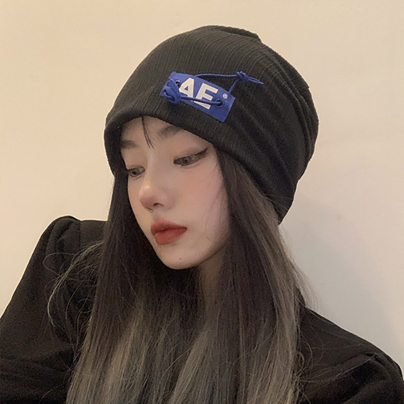 日系针织堆堆帽女春秋季潮流字母百搭黑色冷帽韩版网红毛线帽子女