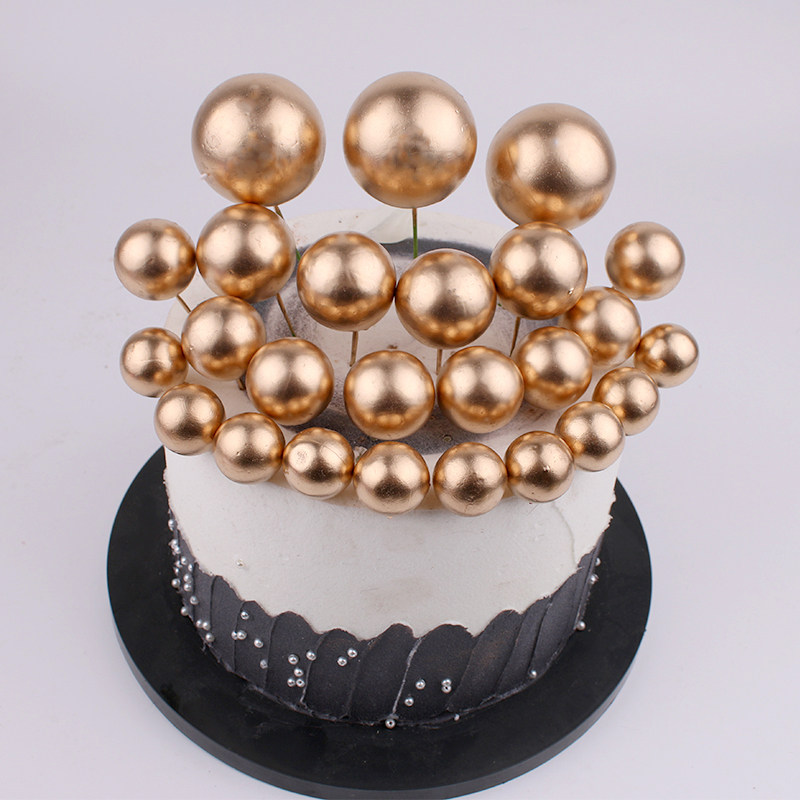 豪华银金色电镀铁丝圆形球泡沫饰品 生日烘焙蛋糕装扮摆插件牌5个