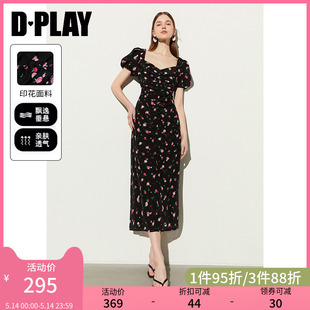 DPLAY2024夏法式方领泡泡袖连衣裙后背镂空绝美黑色碎花连衣裙