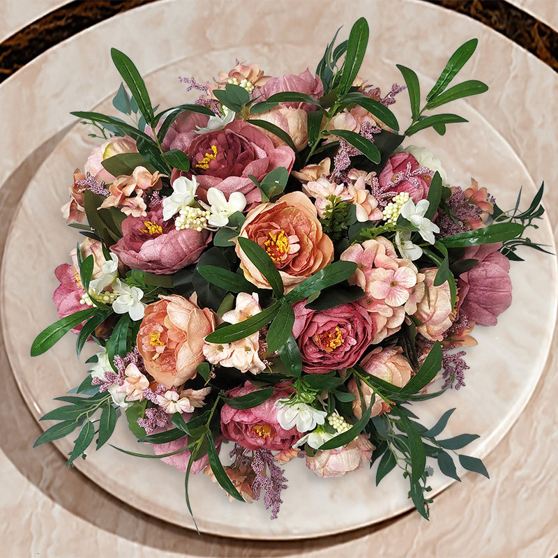 饭店酒店大餐桌装饰品转盘圆桌面桌花塑料摆设台花艺摆件仿真假花