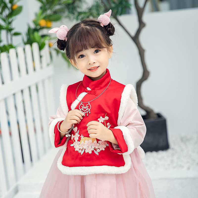 967儿童古装汉服女童唐装套装冬款加厚小女孩马甲连衣裙两件套潮