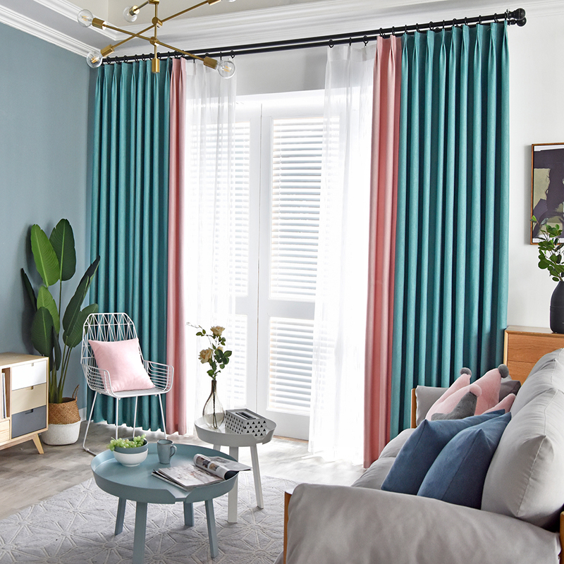 简约现代风格拼色遮光窗帘卧室客厅ins北欧美式纯色落地窗帘成品
