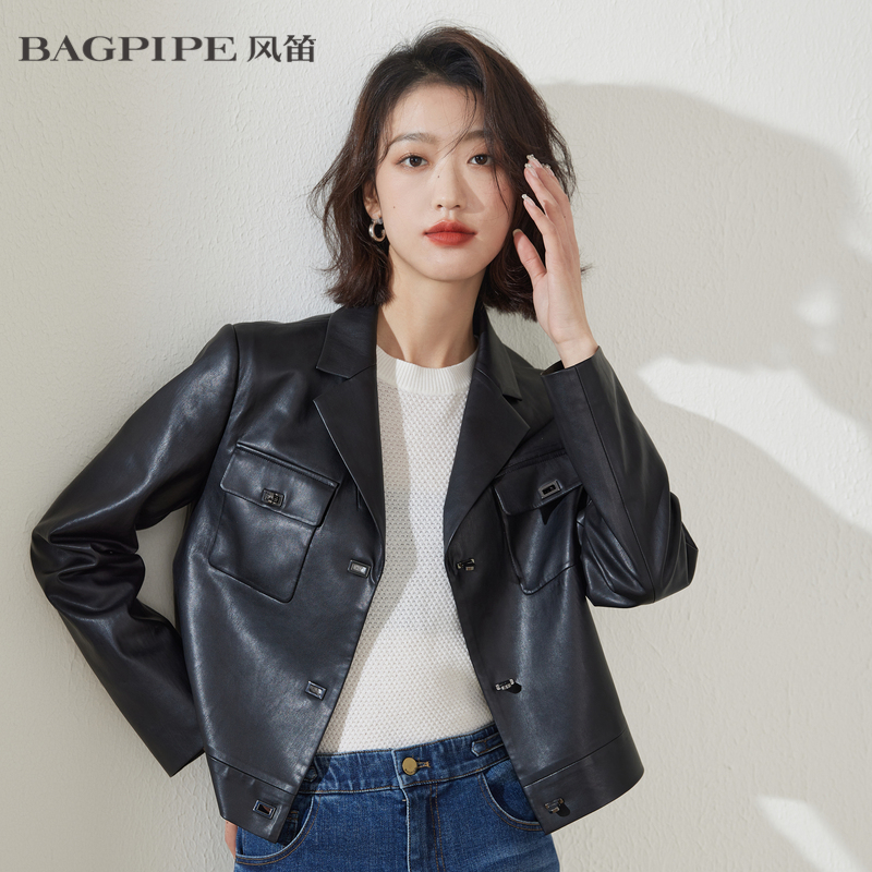 【商场同款】BAGPIPE风笛2022春季新款女时尚百搭翻领机车风皮衣