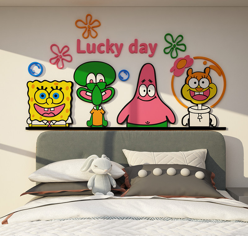 海绵宝宝床头墙面纸贴画儿童房间布置装饰男女孩公主卧室3d立体