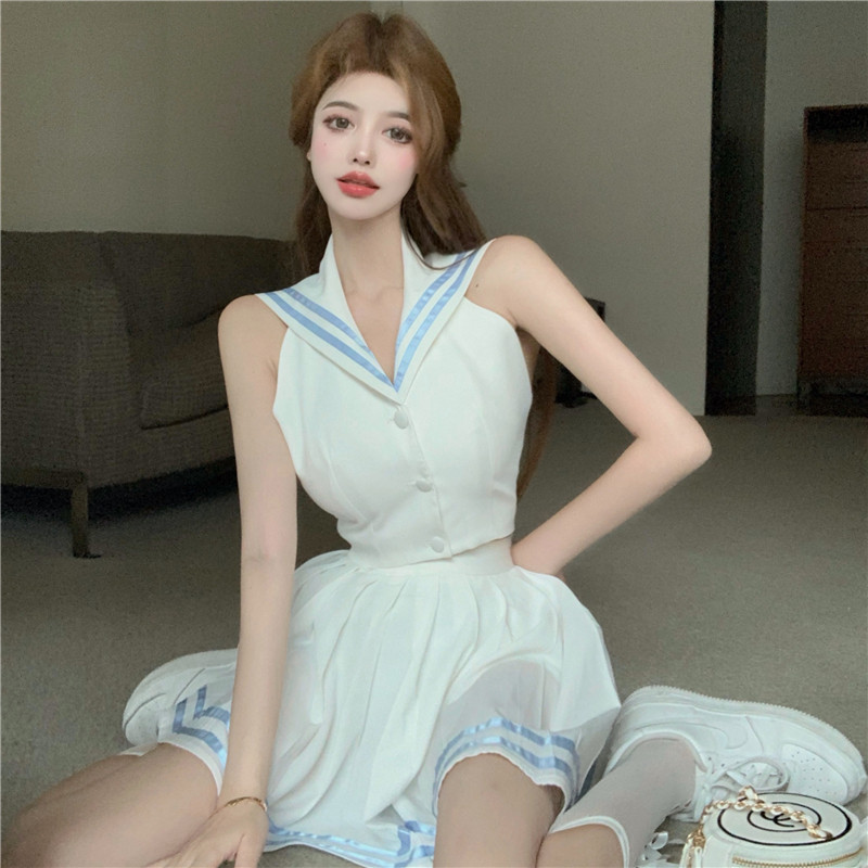 jk制服学院风两件套露背海军风领上衣水手服高腰百褶裙套装女夏潮