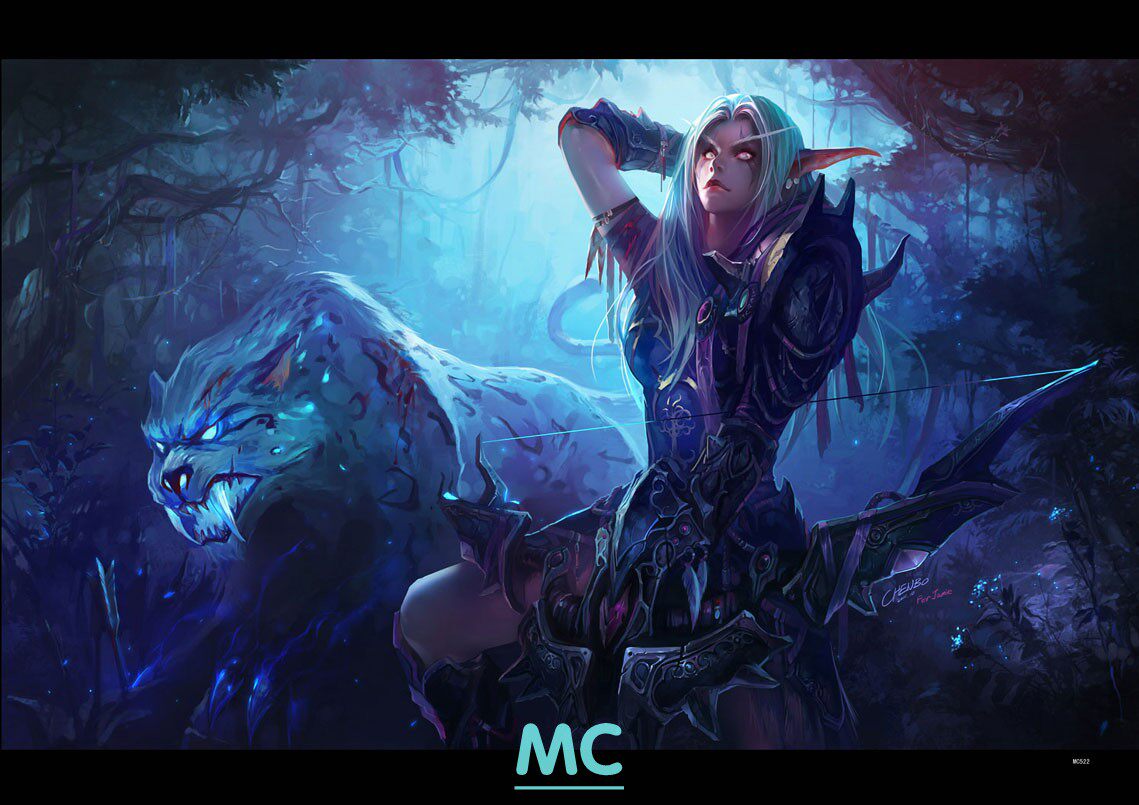 mc 522/暗夜精灵 猎人 灵魂兽 盔甲 弓 魔兽世界 wow/布画海报