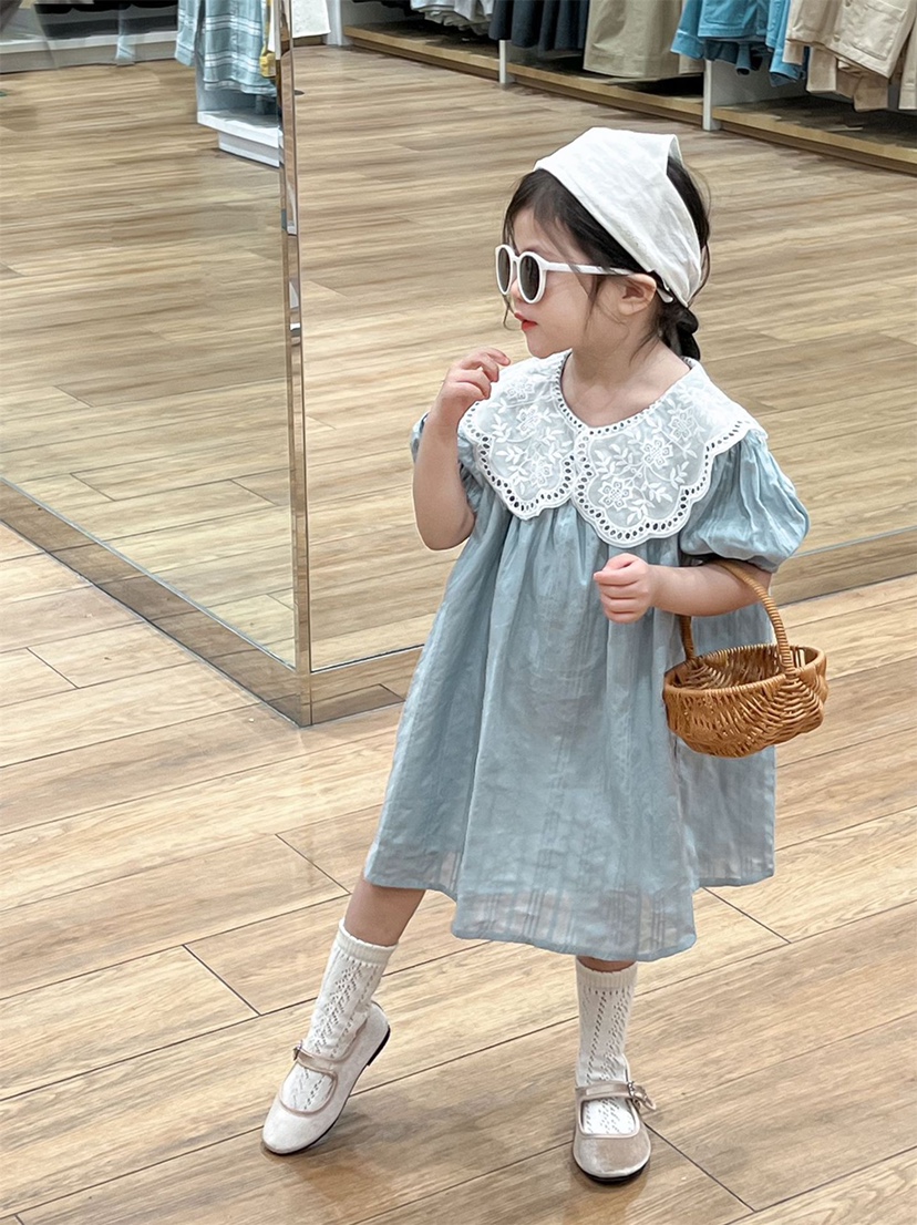 2024夏季新款女童法式复古花边领提花连衣裙儿童韩版洋气公主裙子