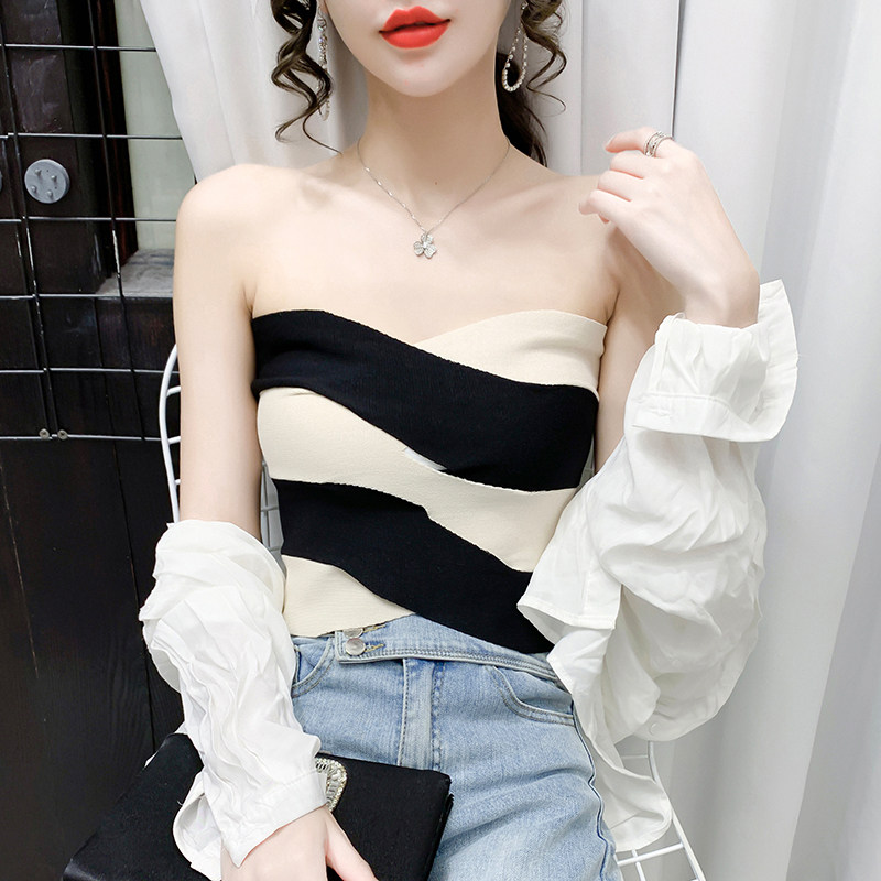2021性感外穿条纹拼色无肩带抹胸裹胸上衣辣妹女