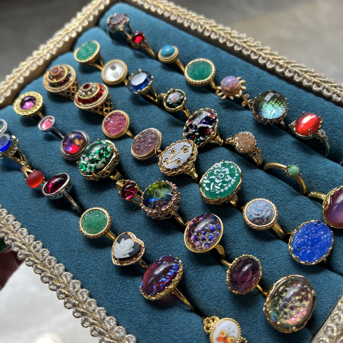 欧洲带回手工制作中古董老琉璃VINTAGE珍藏款可调镀金戒指女指环