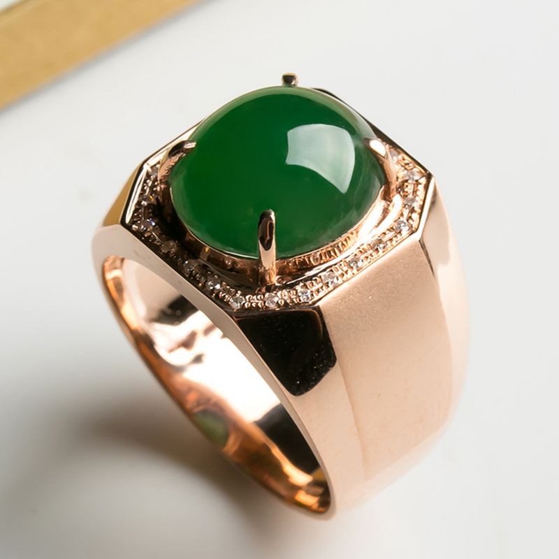 翡翠a货冰糯种18k金伴钻满绿男士戒指7.66g(含金重)