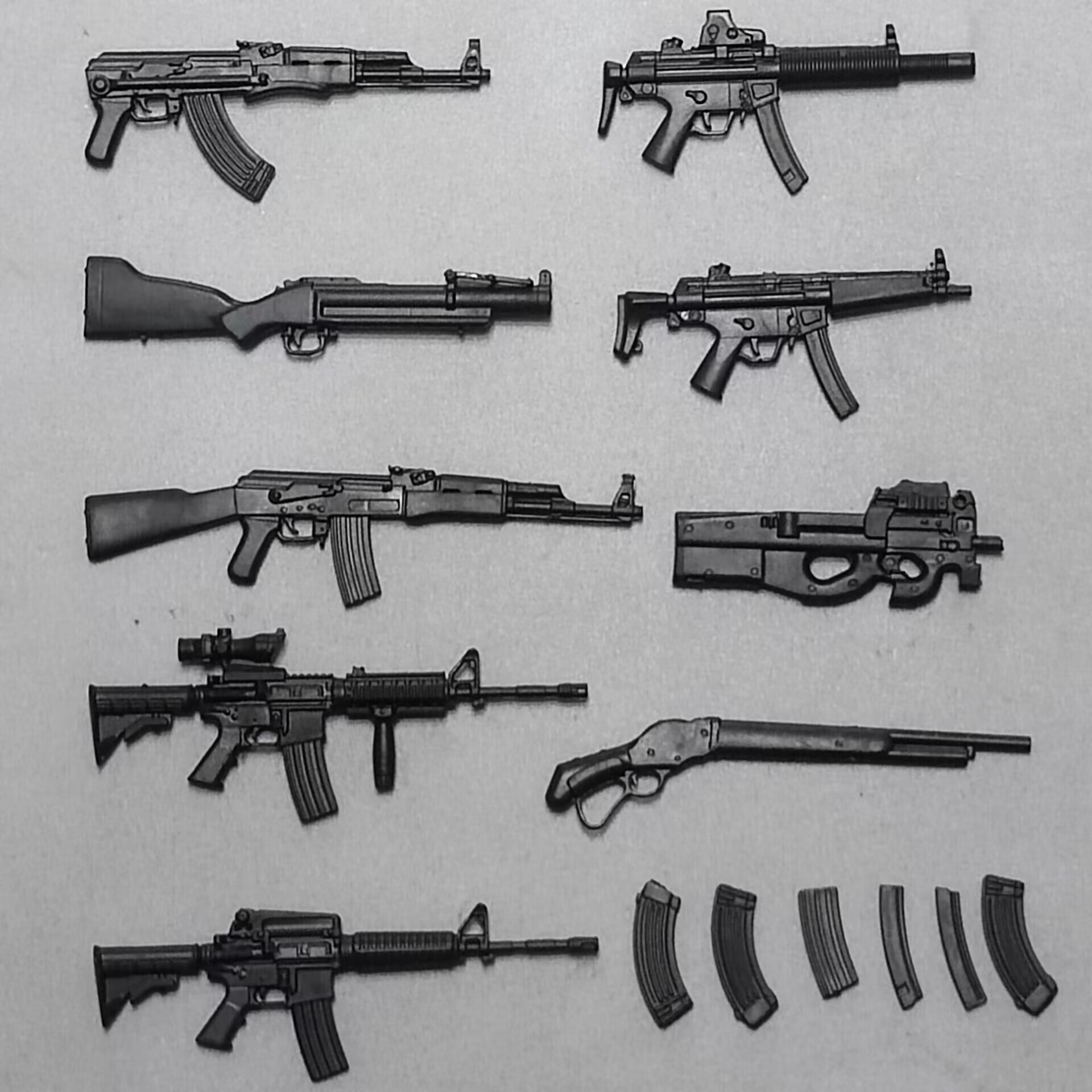 AK47 M4 MP5 P90 机关枪武器 搭配 3.75或6寸人偶武器配件9款一套