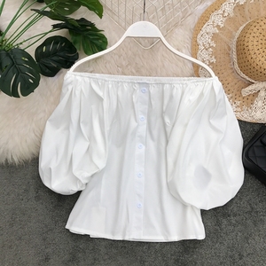 复古宫廷风泡泡袖灯笼袖一字肩露肩抹胸式上衣女短款修身