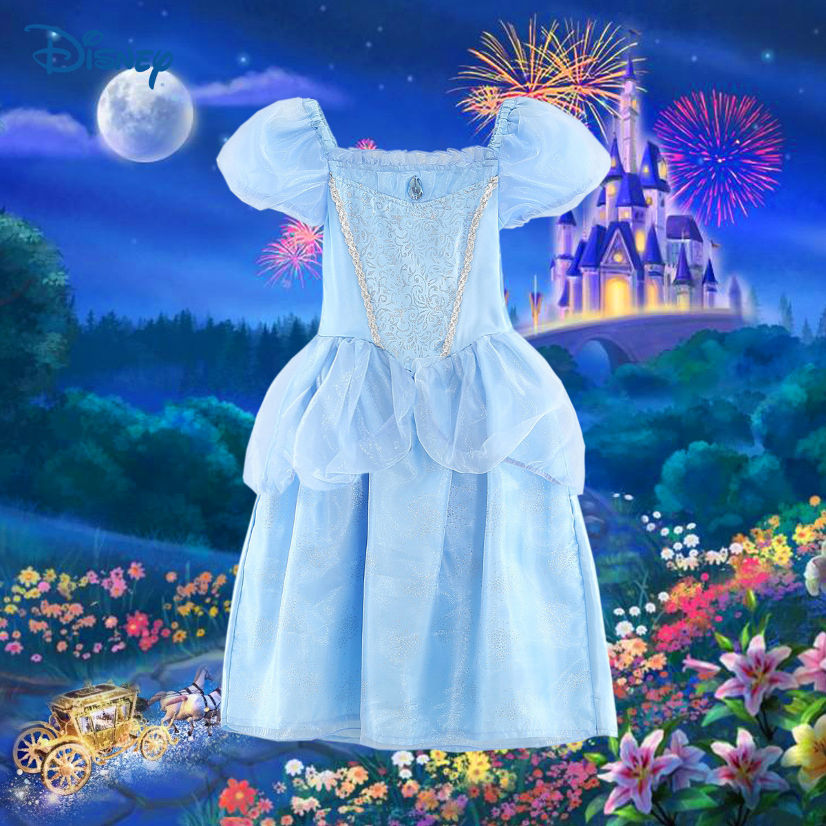 迪士尼儿童仙蒂公主裙子演出礼服纱裙夏季女童灰姑娘连衣裙