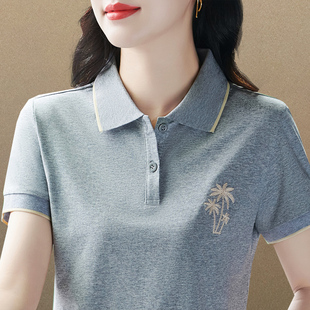 中年女士翻领短袖T恤夏季2024年新款时尚洋气减龄POLO衫纯色上衣