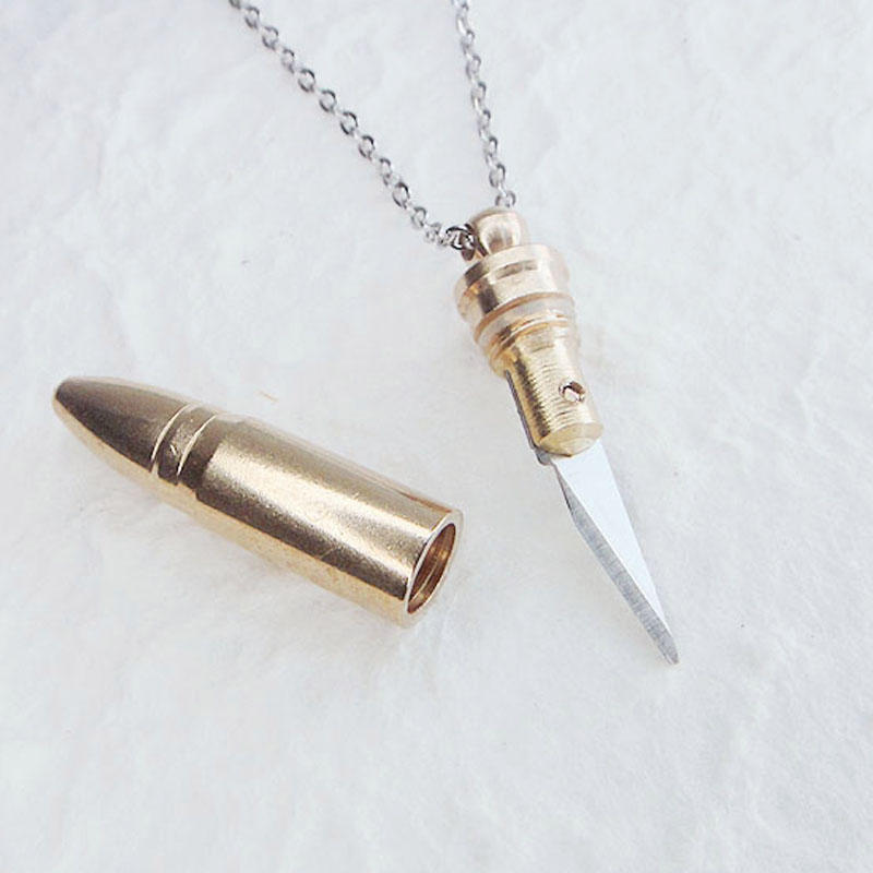 欧美个性简约子弹可打开内藏小刀防身黄铜吊坠钛钢短款情侣项链