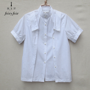 夏季新FAIRYFAIR正品高质纯棉OL白色小立领短袖衬衫假两件女上衣