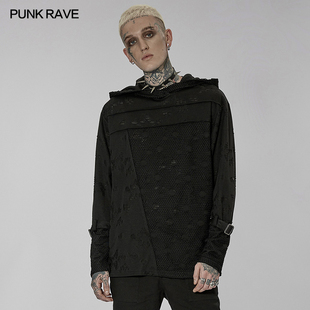 小破亚文化 PUNK RAVE pr朋克状态男装 GOTH日常长袖连帽破洞T恤