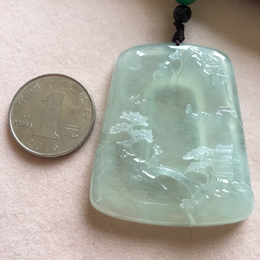 天然翡翠a货冰种晴水山水牌,意境悠远的大精品