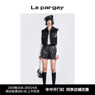 Lapargay纳帕佳春季新款女装黑色上衣个性百搭休闲短款无袖皮马甲