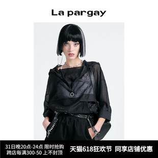 Lapargay纳帕佳2024夏季新款女装黑白色上衣拉链装饰连帽套头外套