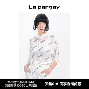 Lapargay纳帕佳春夏新款女装黑白色上衣个性时尚薄款印花连帽卫衣