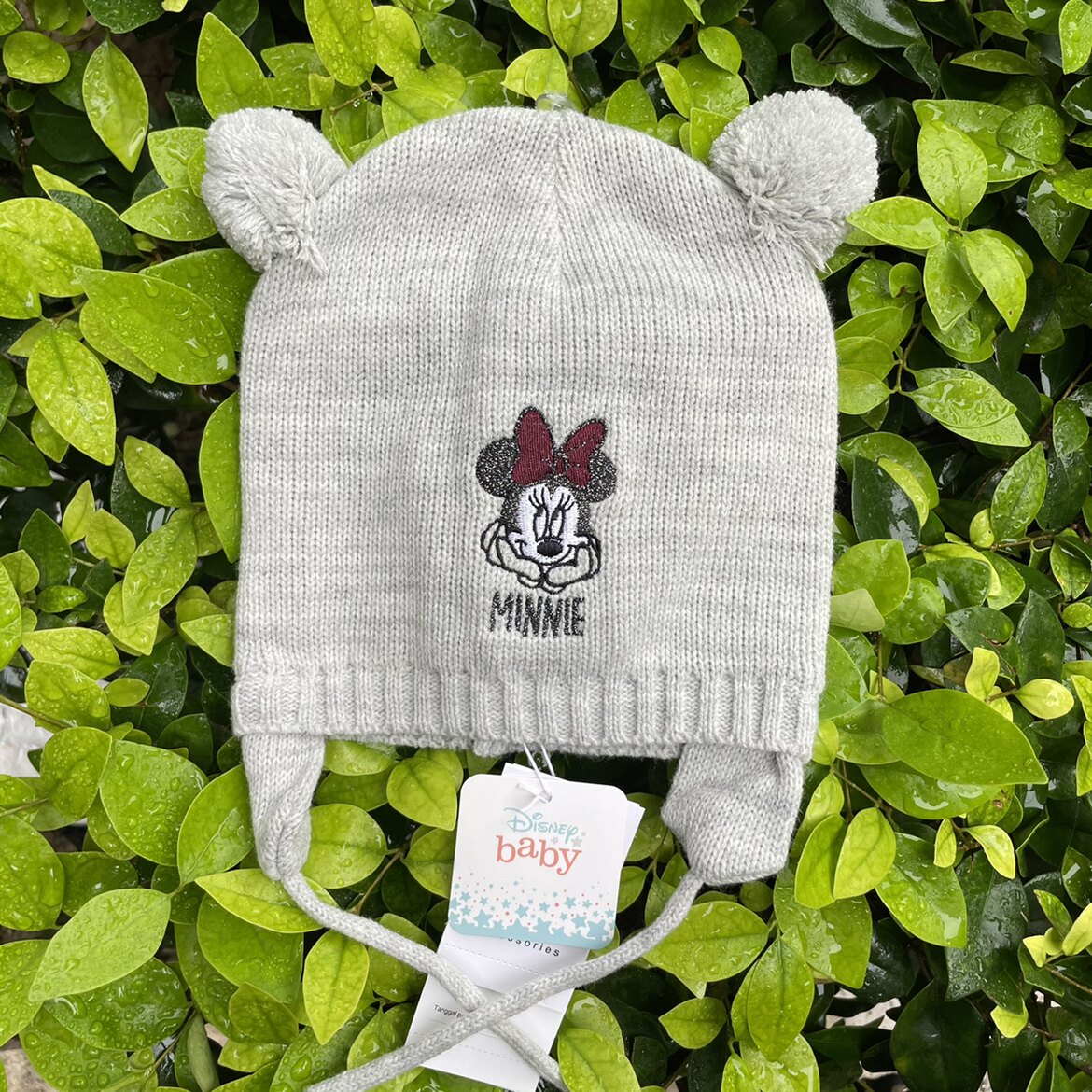 外贸迪家元单米妮刺绣女童针织护耳灰色双球帽子