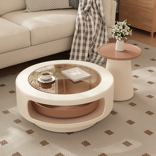 茶几客厅家用2024新款小户型奶油风设计师创意旋转圆形玻璃茶几桌