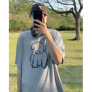 阿宅自制 夏季日系卡通小狗可爱印花灰色圆领短袖T恤