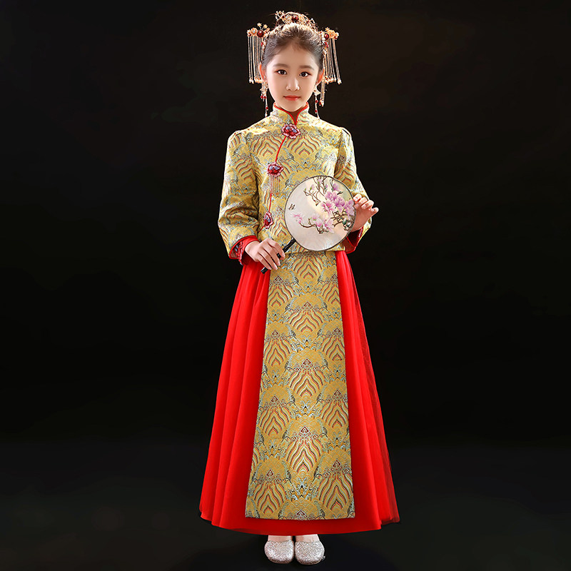 模特走秀儿童礼服女童古装中式花童秀禾服长袖古筝演出服旗袍