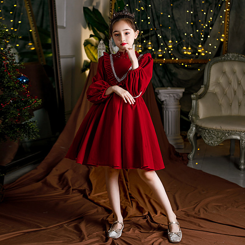 女童礼服大红色花童婚纱裙小女孩生日公主裙长袖儿童钢琴演奏礼服
