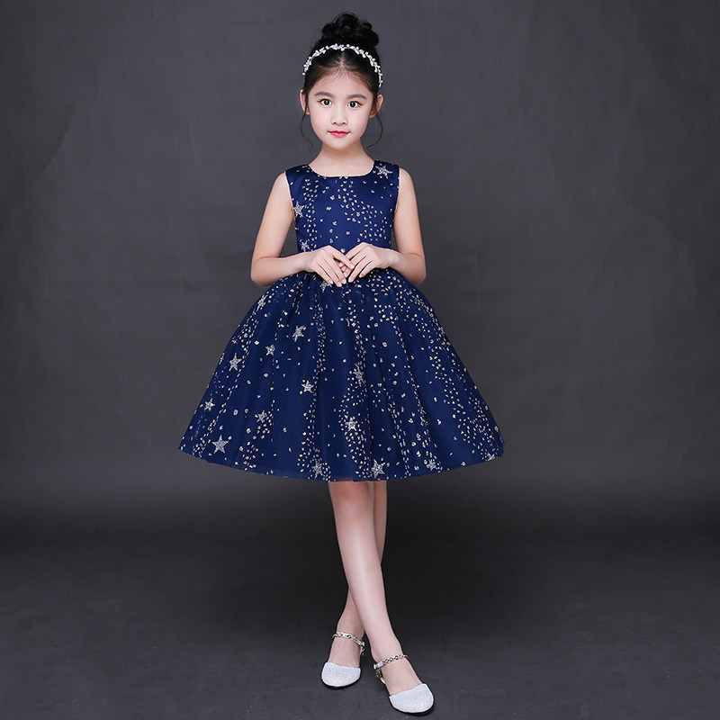 小花童礼服女孩公主裙蓝色儿童晚礼服裙女童钢琴演出服蓬蓬裙短款