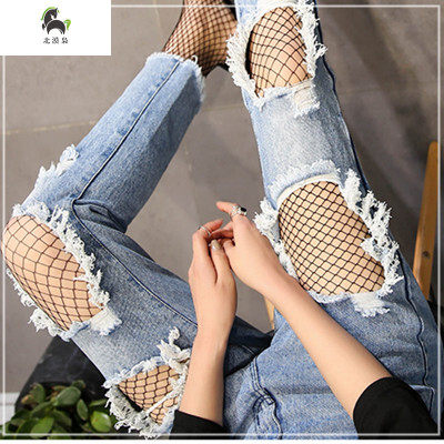 女夏韩版内搭破洞牛仔裤镂空网袜性感防勾丝渔网袜白色网眼连裤袜
