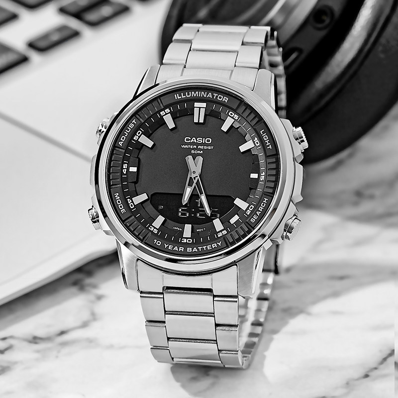 casio卡西欧手表男表盘十年电力双显防水商务非机械男表amw-880d
