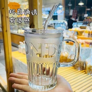 吸管玻璃水杯夏季带盖咖啡杯新款大容量家用办公室欧式复古牛奶杯