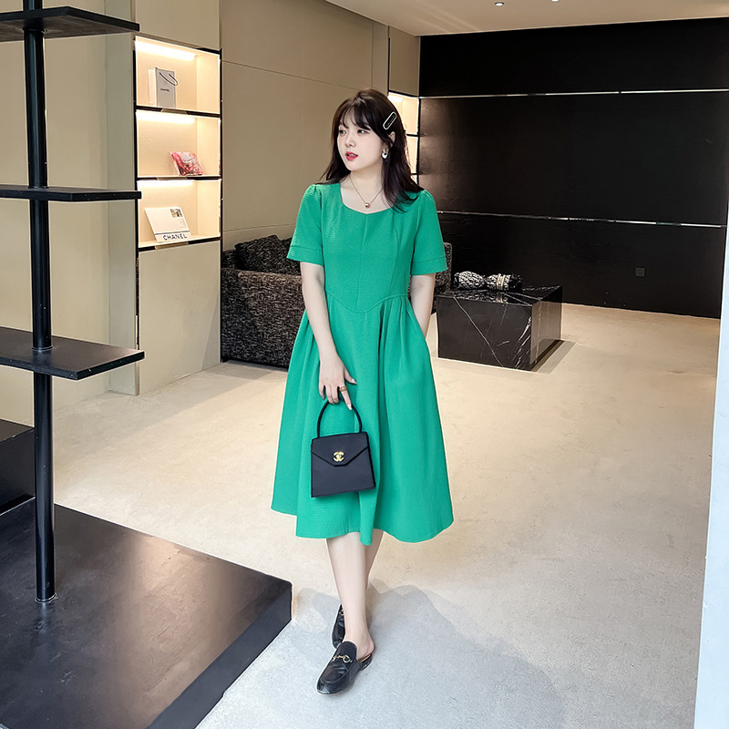 PF17402#夏季新品法式赫本风胖mm高腰收腰显瘦优雅华夫格高货连衣裙女裝貨源服裝批發