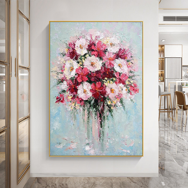 纯手绘北欧杜鹃牡丹花卉轻奢油画客厅餐厅装饰画玄关卧室挂画