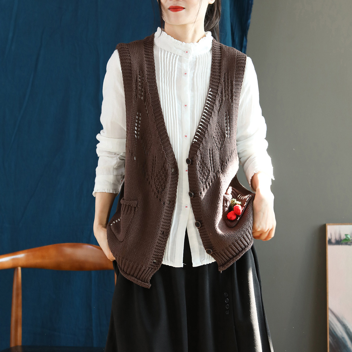 素缺2021年文艺复古棉针织毛衣女士春季开衫无袖v领马甲单件上衣