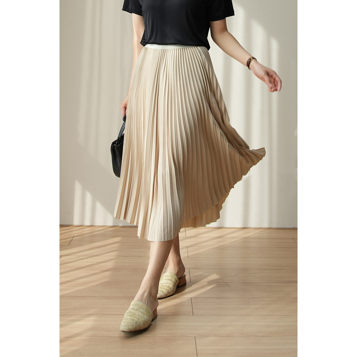 女士高腰风琴百褶裙 a字型纯色半身裙  通勤裙子 春夏款 女装