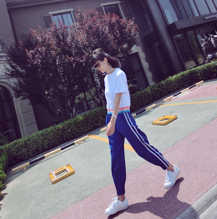 秋季条纹宽松休闲哈伦裤九分裤校服运动裤女束脚小脚收口萝卜裤子