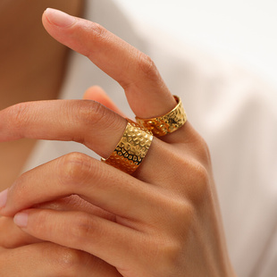 欧美复古不锈钢凹凸戒指不掉色18K金开口戒指可调节女式简约指环