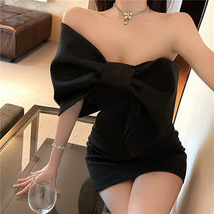 Straight neck off shoulder strapless big bow cocktail party dress