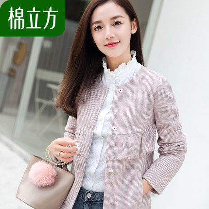 小个子风衣女中长款棉立方2018秋装新款小清新女装圆领千鸟格外套