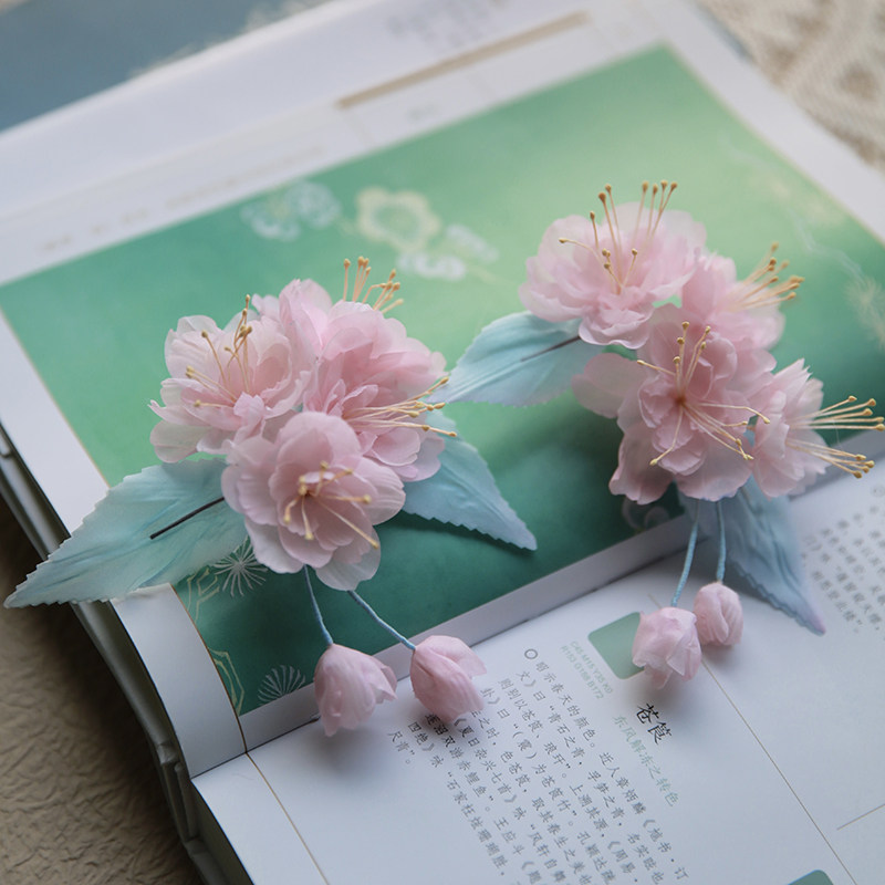 樱吹雪 手工真丝烫花发夹原创设计樱花头饰春日鲜花汉服浪漫发簪