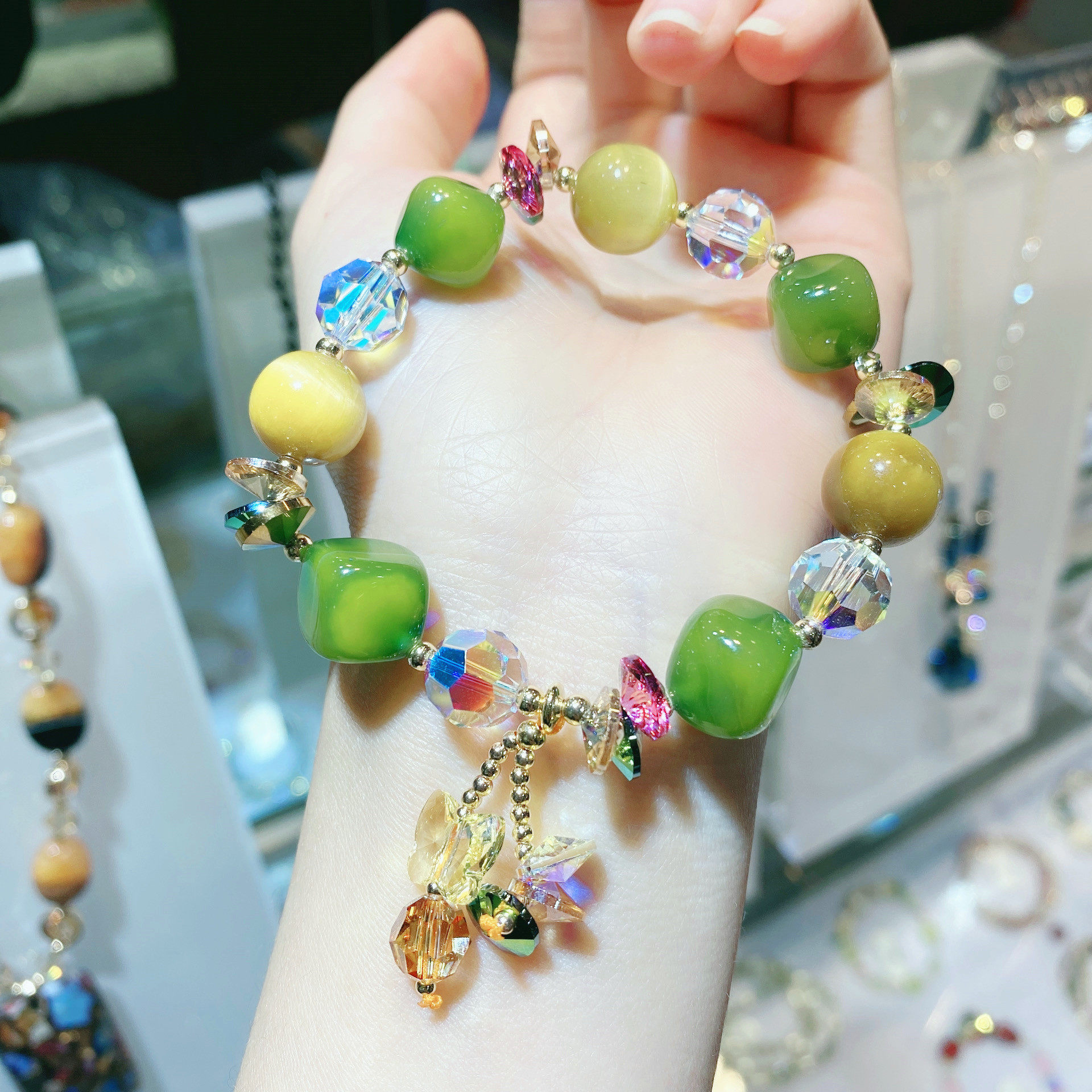 diy设计天然虎眼石牛油果色女手链