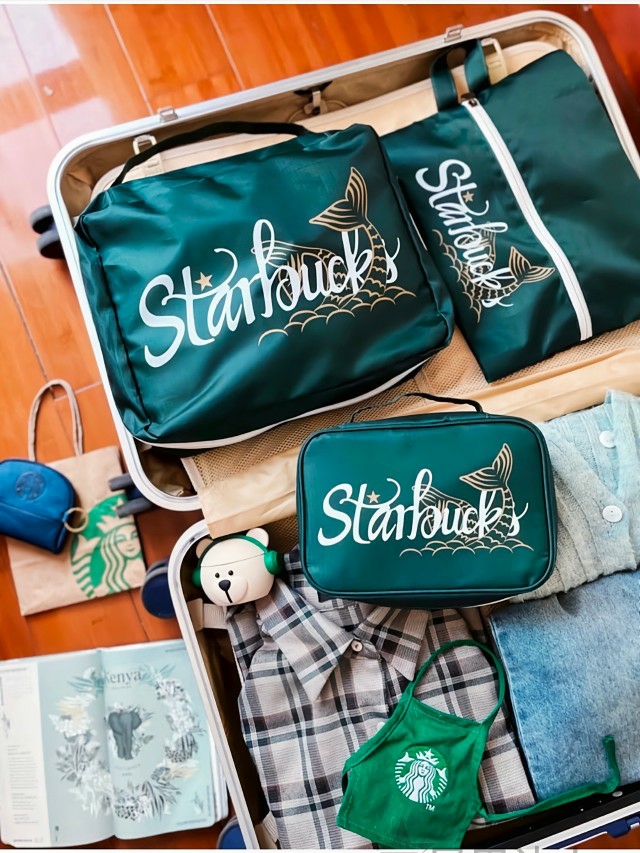 starbucks/星巴克樱花限定旅行三件套衣物袋鞋袋洗漱袋收纳化妆包